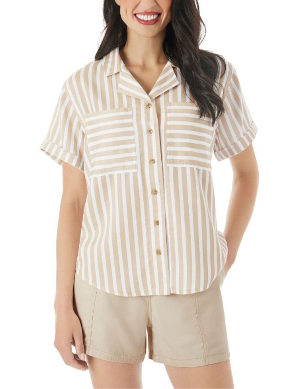 Striped Short-Sleeve Button Front Top in Beige/White
